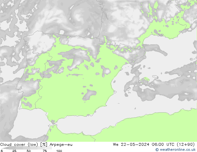 Cloud cover (low) Arpege-eu We 22.05.2024 06 UTC