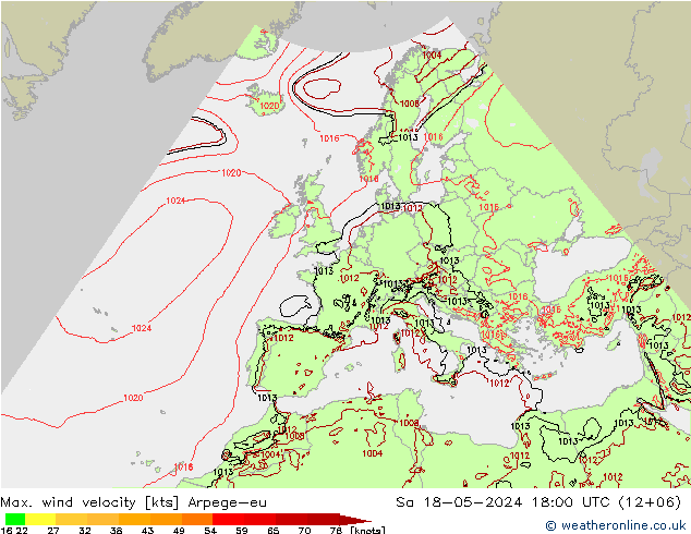 Max. wind velocity Arpege-eu sab 18.05.2024 18 UTC