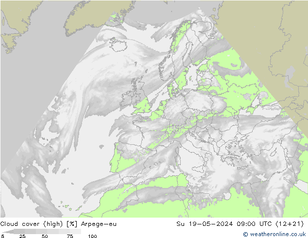 Cloud cover (high) Arpege-eu Su 19.05.2024 09 UTC