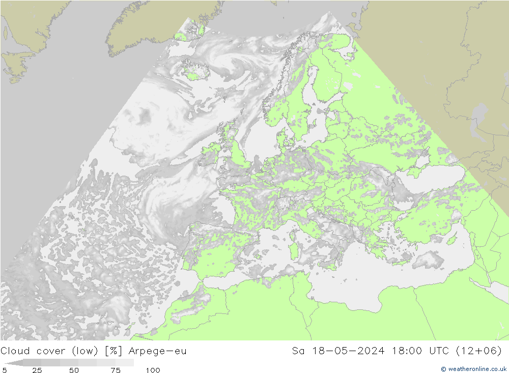 Cloud cover (low) Arpege-eu Sa 18.05.2024 18 UTC