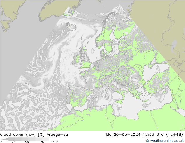 Cloud cover (low) Arpege-eu Mo 20.05.2024 12 UTC
