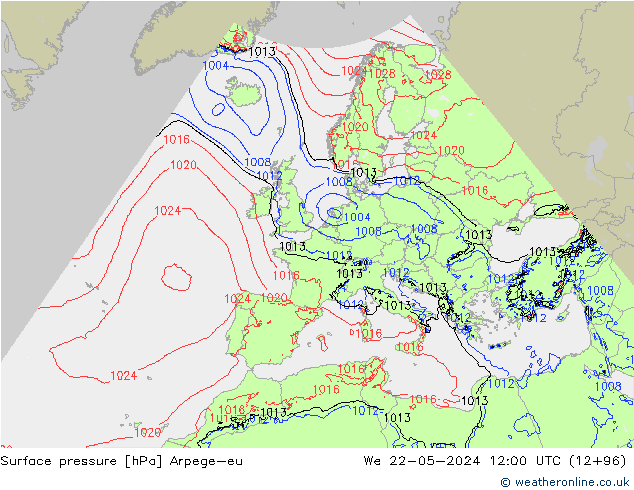 Pressione al suolo Arpege-eu mer 22.05.2024 12 UTC