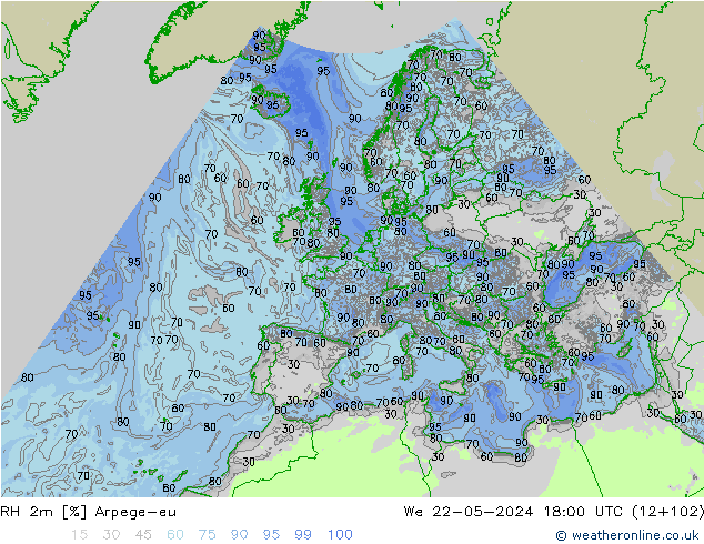 Humidité rel. 2m Arpege-eu mer 22.05.2024 18 UTC