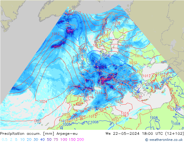 Precipitation accum. Arpege-eu mer 22.05.2024 18 UTC