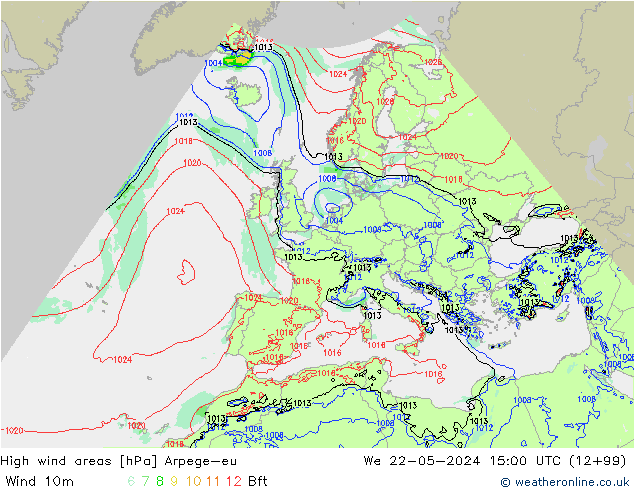 High wind areas Arpege-eu Qua 22.05.2024 15 UTC