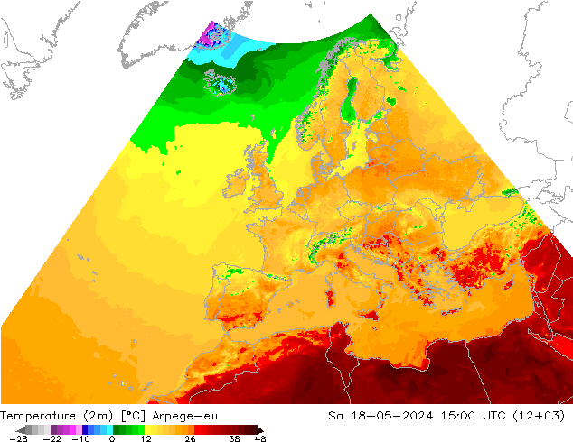 mapa temperatury (2m) Arpege-eu so. 18.05.2024 15 UTC
