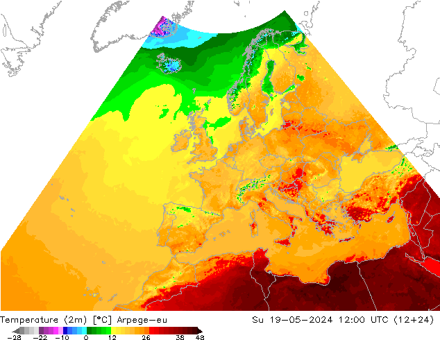 Temperaturkarte (2m) Arpege-eu So 19.05.2024 12 UTC