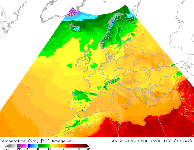 Temperatura (2m) Arpege-eu lun 20.05.2024 06 UTC