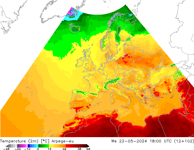 Temperaturkarte (2m) Arpege-eu Mi 22.05.2024 18 UTC
