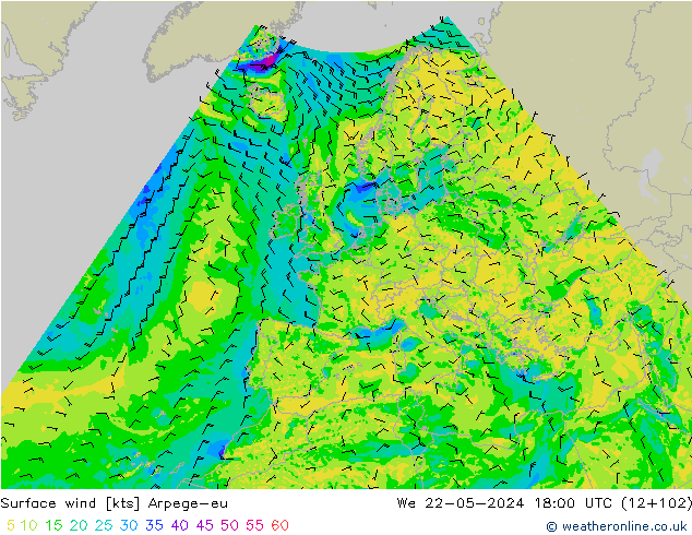 Surface wind Arpege-eu St 22.05.2024 18 UTC