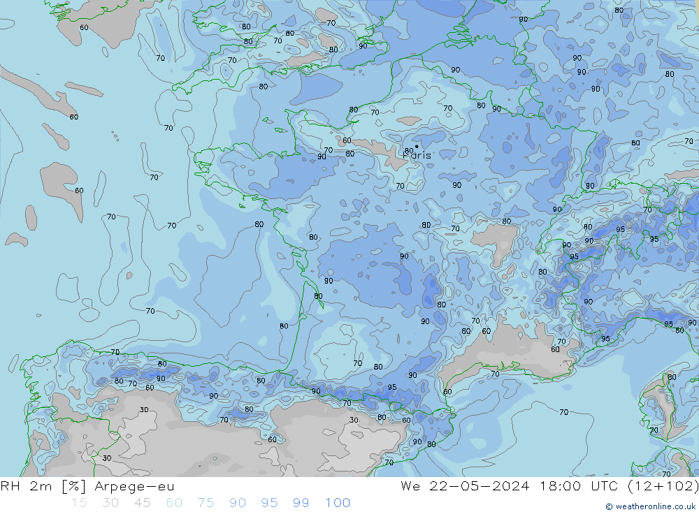 RH 2m Arpege-eu Mi 22.05.2024 18 UTC