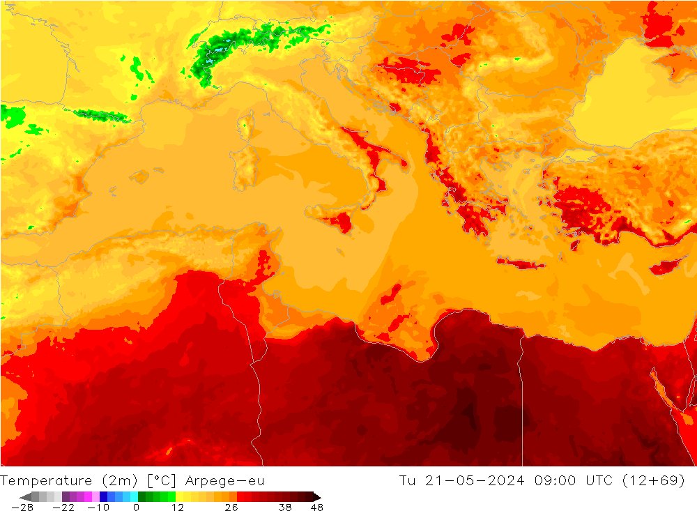 Temperature (2m) Arpege-eu Tu 21.05.2024 09 UTC