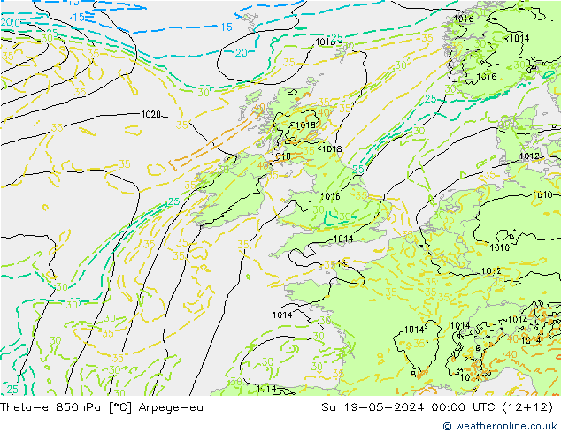 Theta-e 850hPa Arpege-eu dim 19.05.2024 00 UTC