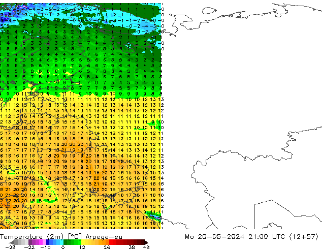 Sıcaklık Haritası (2m) Arpege-eu Pzt 20.05.2024 21 UTC
