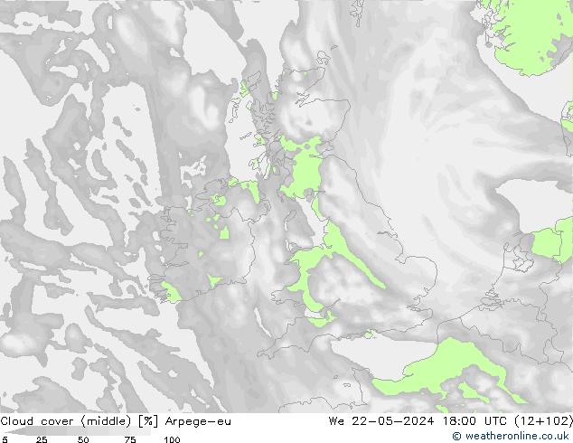 Cloud cover (middle) Arpege-eu We 22.05.2024 18 UTC
