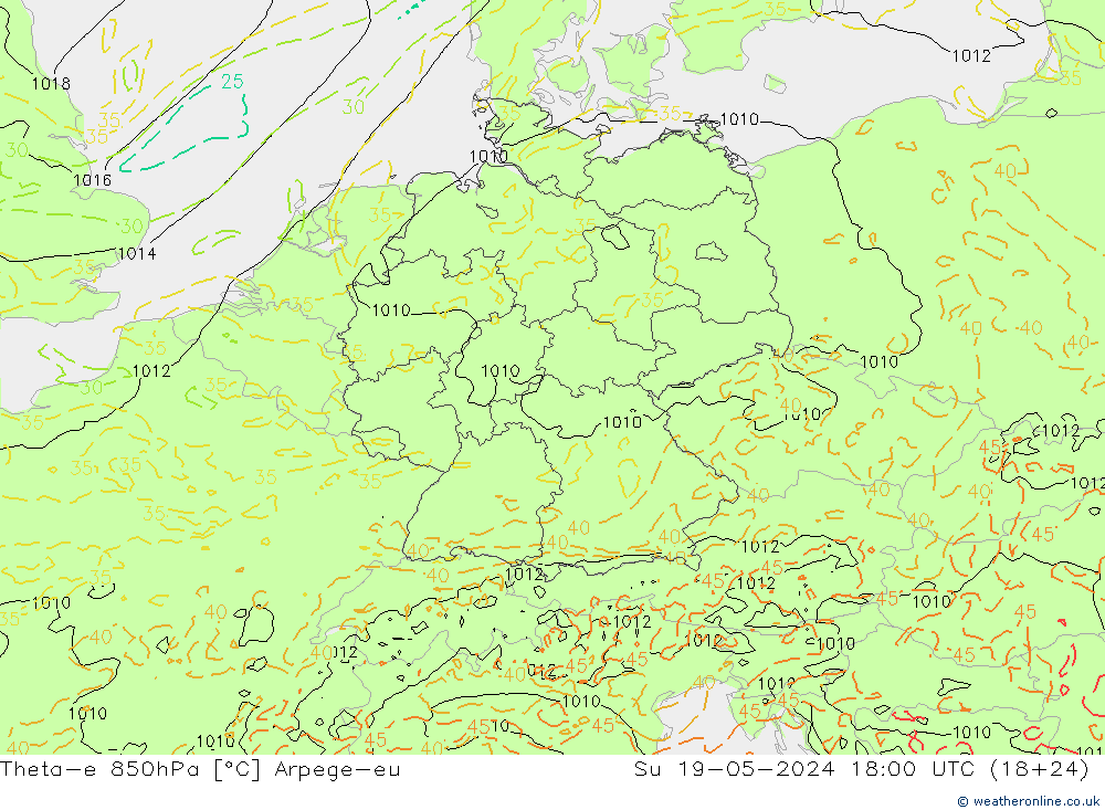 Theta-e 850hPa Arpege-eu Su 19.05.2024 18 UTC