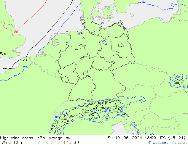 High wind areas Arpege-eu Вс 19.05.2024 18 UTC