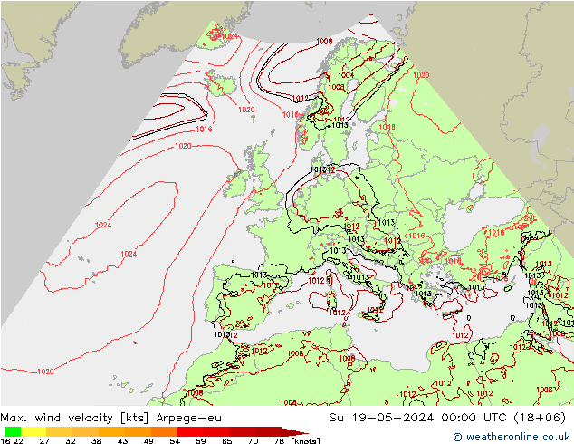Max. wind velocity Arpege-eu Su 19.05.2024 00 UTC
