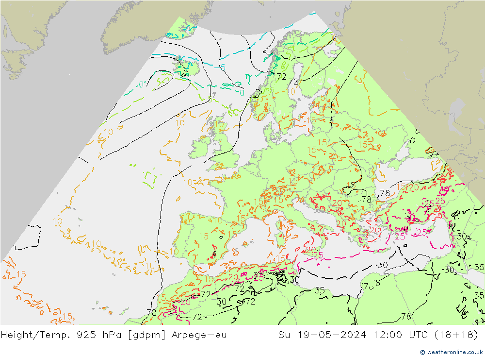 Height/Temp. 925 hPa Arpege-eu Su 19.05.2024 12 UTC