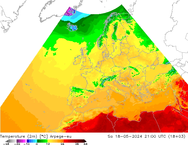 Temperatura (2m) Arpege-eu Sáb 18.05.2024 21 UTC