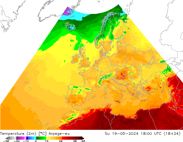température (2m) Arpege-eu dim 19.05.2024 18 UTC