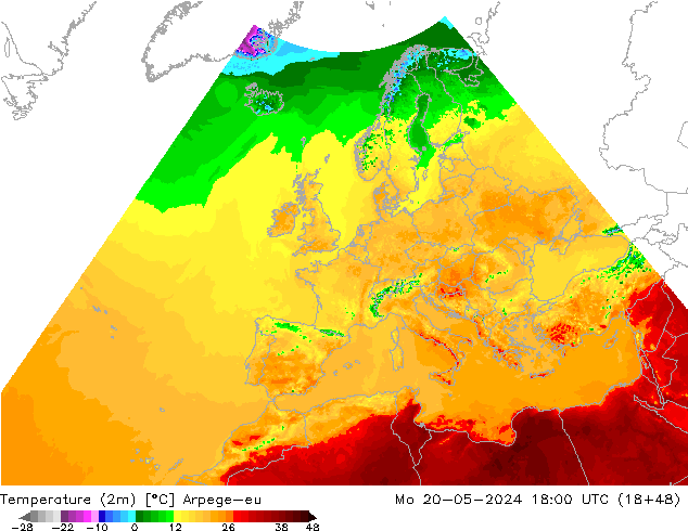 mapa temperatury (2m) Arpege-eu pon. 20.05.2024 18 UTC