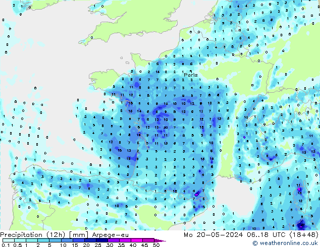 Precipitación (12h) Arpege-eu lun 20.05.2024 18 UTC