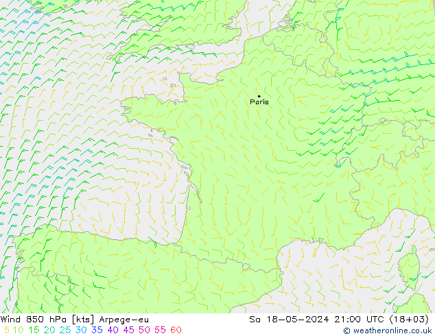 wiatr 850 hPa Arpege-eu so. 18.05.2024 21 UTC