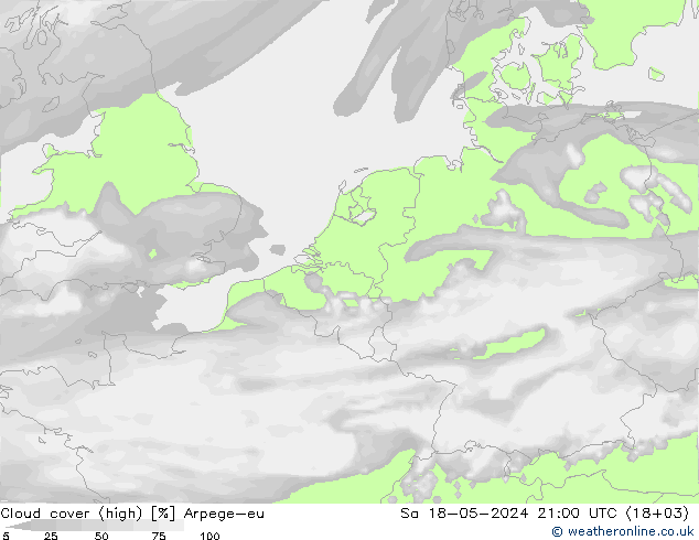 Cloud cover (high) Arpege-eu Sa 18.05.2024 21 UTC