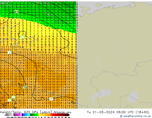 Height/Temp. 925 hPa Arpege-eu Út 21.05.2024 06 UTC