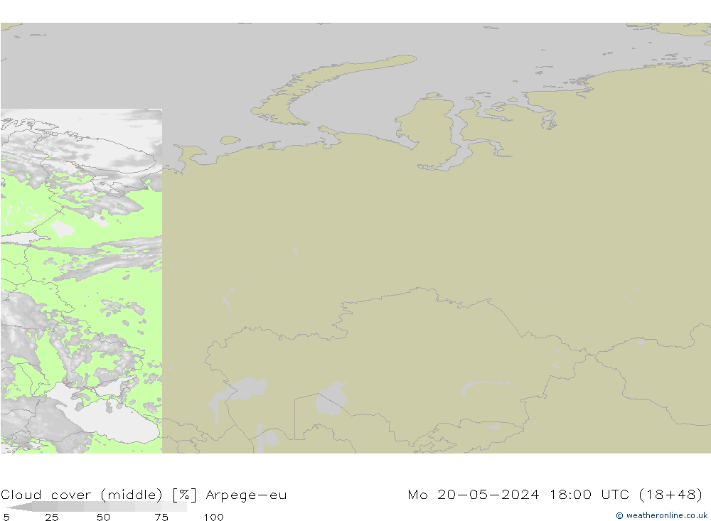 Cloud cover (middle) Arpege-eu Mo 20.05.2024 18 UTC