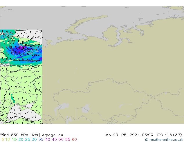 Wind 850 hPa Arpege-eu Mo 20.05.2024 03 UTC