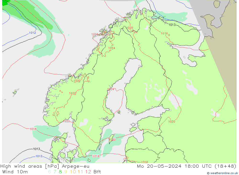 High wind areas Arpege-eu Po 20.05.2024 18 UTC