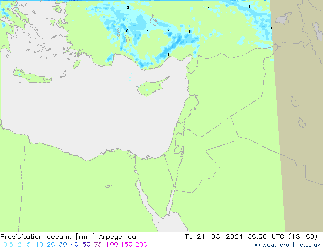 Precipitation accum. Arpege-eu Tu 21.05.2024 06 UTC