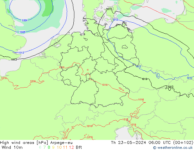 High wind areas Arpege-eu чт 23.05.2024 06 UTC