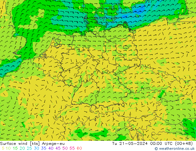 Surface wind Arpege-eu Út 21.05.2024 00 UTC