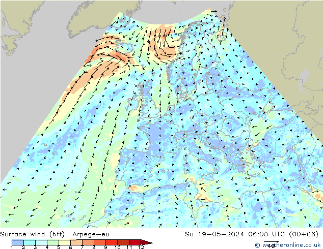wiatr 10 m (bft) Arpege-eu nie. 19.05.2024 06 UTC
