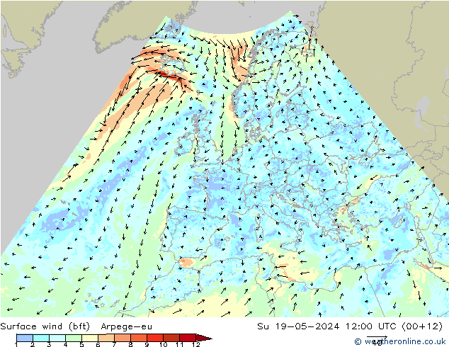 Surface wind (bft) Arpege-eu Su 19.05.2024 12 UTC