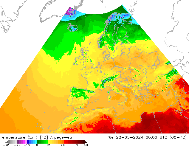 température (2m) Arpege-eu mer 22.05.2024 00 UTC