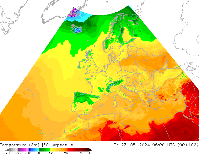 température (2m) Arpege-eu jeu 23.05.2024 06 UTC