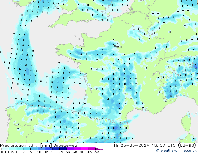 Yağış (6h) Arpege-eu Per 23.05.2024 00 UTC