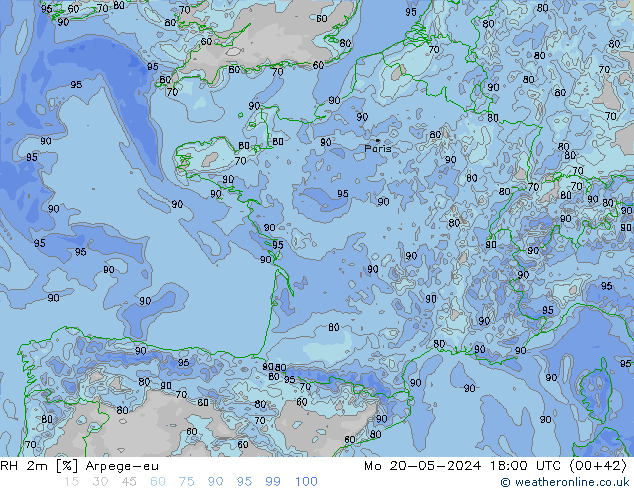 RH 2m Arpege-eu pon. 20.05.2024 18 UTC