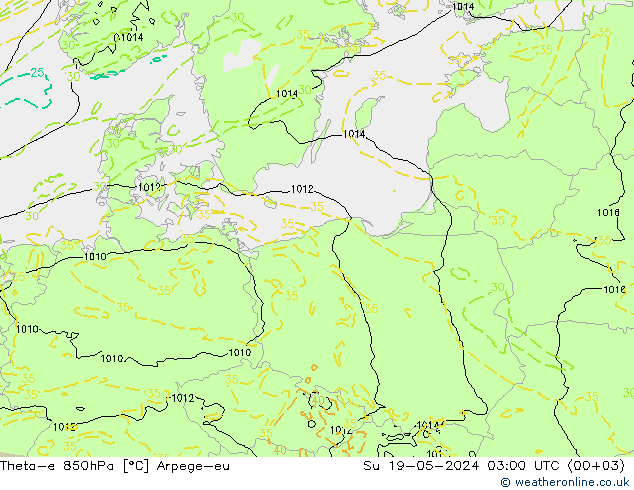 Theta-e 850hPa Arpege-eu zo 19.05.2024 03 UTC