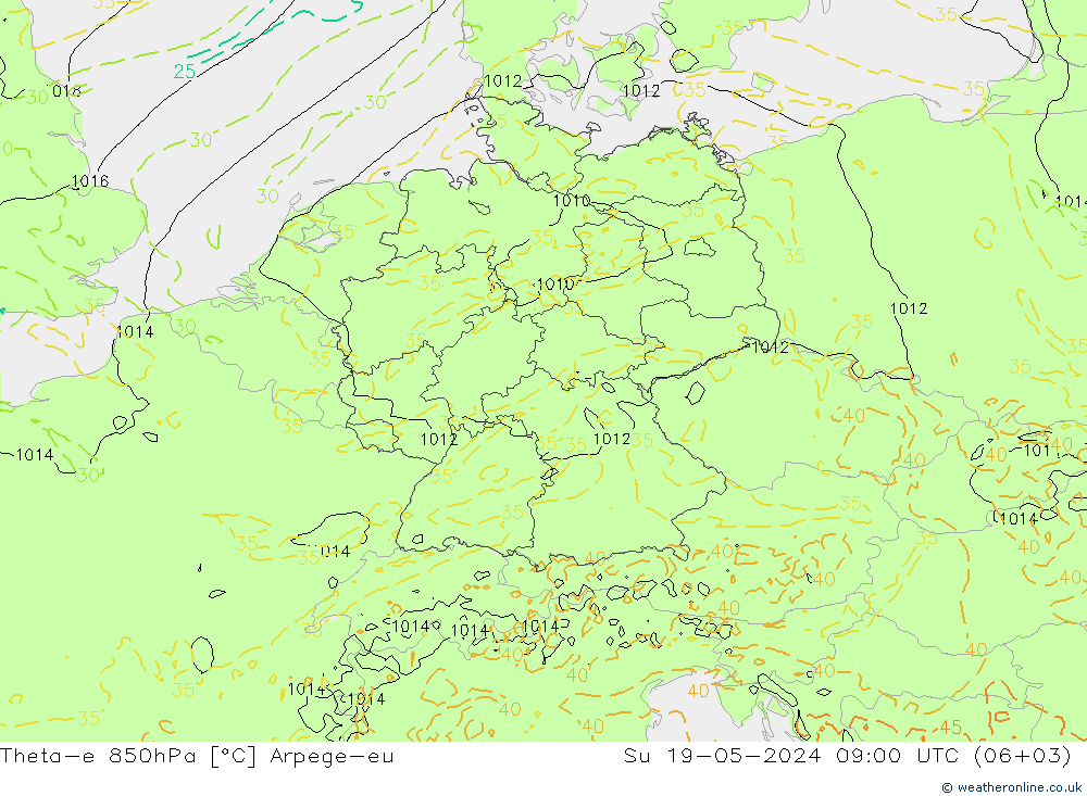 Theta-e 850hPa Arpege-eu 星期日 19.05.2024 09 UTC