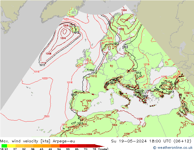 Max. wind velocity Arpege-eu  19.05.2024 18 UTC