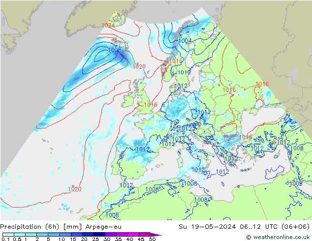 Precipitation (6h) Arpege-eu Su 19.05.2024 12 UTC