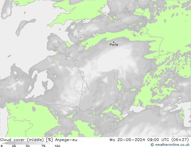 Cloud cover (middle) Arpege-eu Mo 20.05.2024 09 UTC