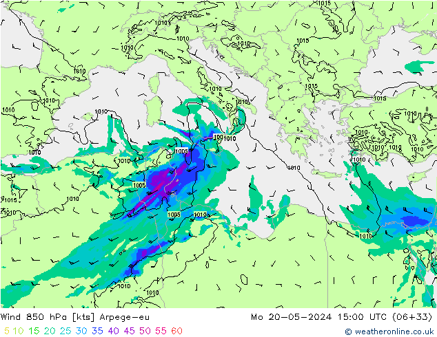 Wind 850 hPa Arpege-eu Po 20.05.2024 15 UTC