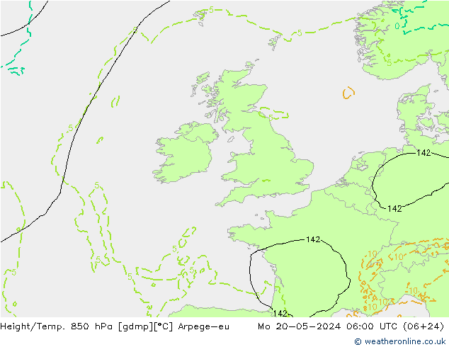 Height/Temp. 850 hPa Arpege-eu Mo 20.05.2024 06 UTC