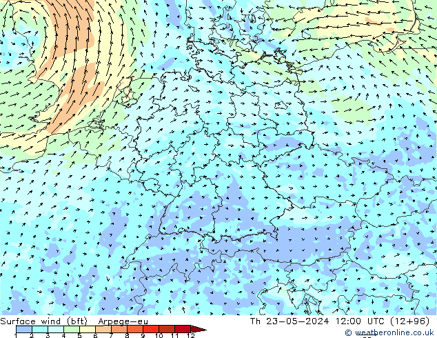 Surface wind (bft) Arpege-eu Th 23.05.2024 12 UTC